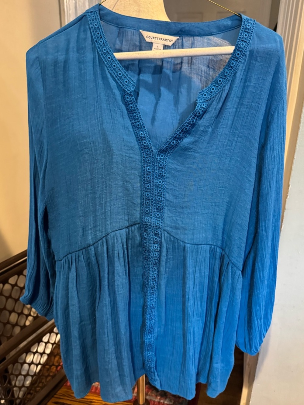 Counterparts Blue Gauze V-Neck Peasant Top